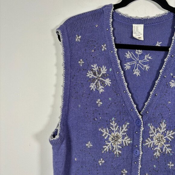 Vintage Snowflake Embroidered Beaded Knit Vest Purple Blue Holiday Size Medium - Picture 5 of 8